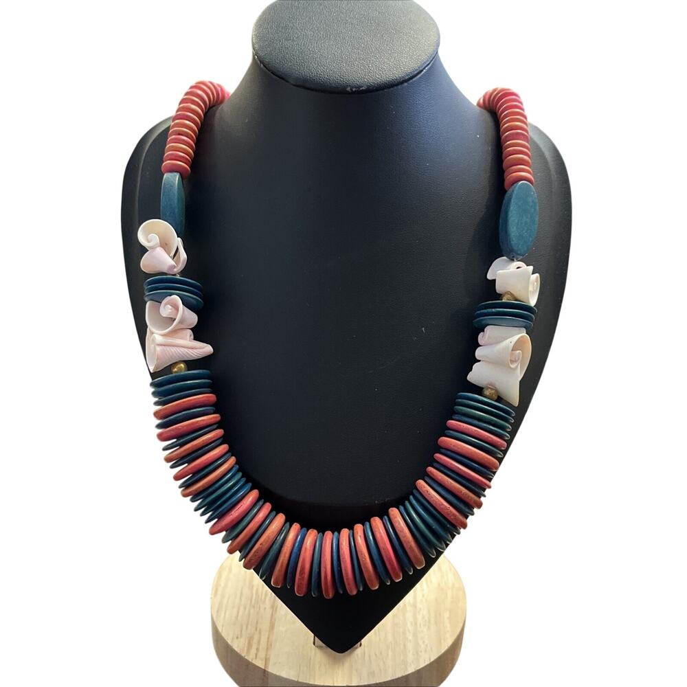 Vintage Chunky Wood Disc Heishi Necklace Coral Teal Carved Figural Beads 24"